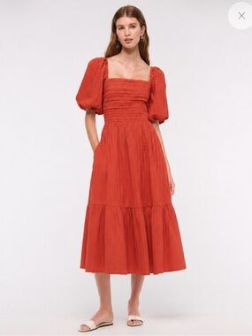 Abercrombie & Fitch Rust Puff-Sleeve Tiered Midi Dress